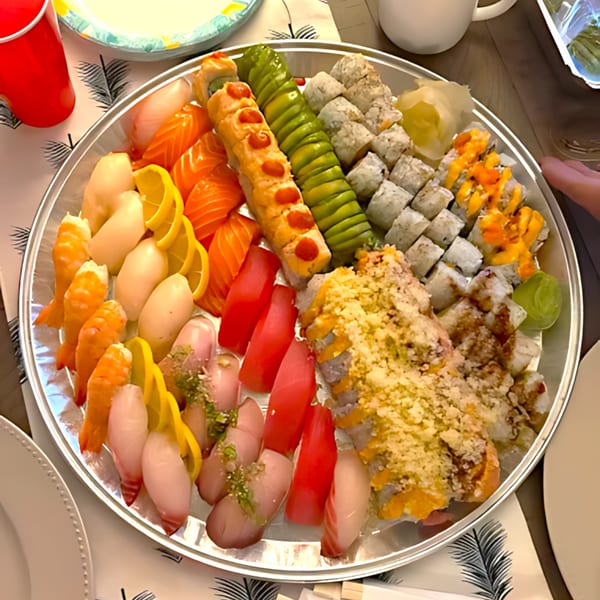 A large platter of Min Sushi's assorted sushi and sashimi, including salmon, tuna, and various rolls.